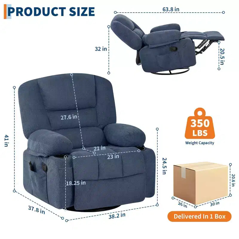 Poltrona Reclinabile Girevole a 360° con Funzione Calore e Massaggio, Basculante Manuale, Portabicchieri e Tasche Contenitore, in ciniglia/pelle PU per Soggiorno e Camera da Letto