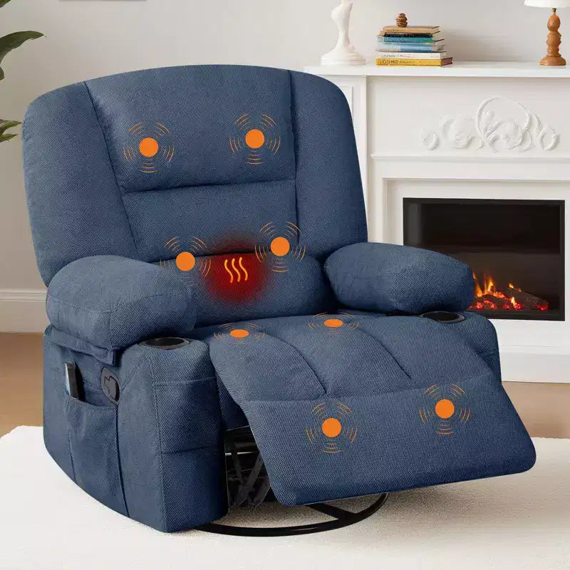 Poltrona Reclinabile Girevole a 360° con Funzione Calore e Massaggio, Basculante Manuale, Portabicchieri e Tasche Contenitore, in ciniglia/pelle PU per Soggiorno e Camera da Letto