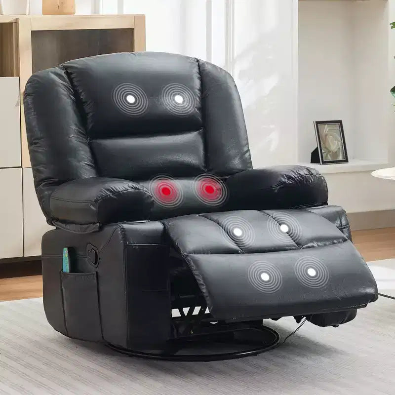 Poltrona Reclinabile Girevole a 360° con Funzione Calore e Massaggio, Basculante Manuale, Portabicchieri e Tasche Contenitore, in ciniglia/pelle PU per Soggiorno e Camera da Letto