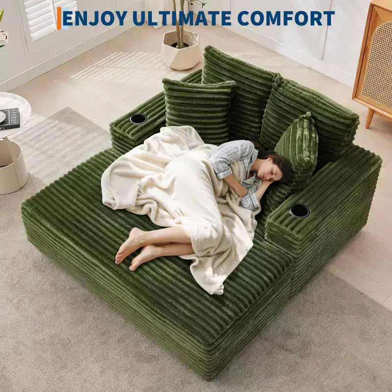 Chaise longue oversize per interni, divano lounge in velluto a coste, portabicchieri e cuscini decorativi, per casa, camera da letto, ufficio