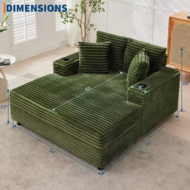 Chaise longue oversize per interni, divano lounge in velluto a coste, portabicchieri e cuscini decorativi, per casa, camera da letto, ufficio