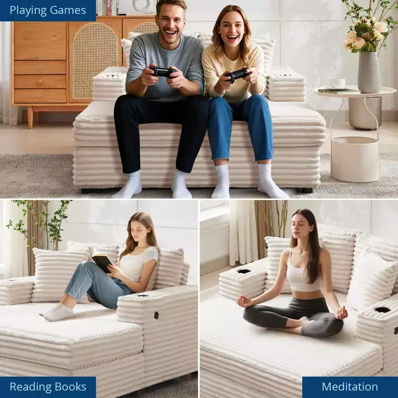Chaise longue oversize per interni, divano lounge in velluto a coste, portabicchieri e cuscini decorativi, per casa, camera da letto, ufficio