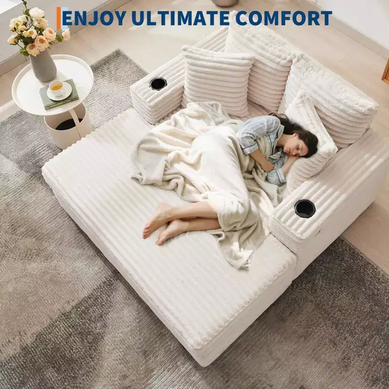 Chaise longue oversize per interni, divano lounge in velluto a coste, portabicchieri e cuscini decorativi, per casa, camera da letto, ufficio
