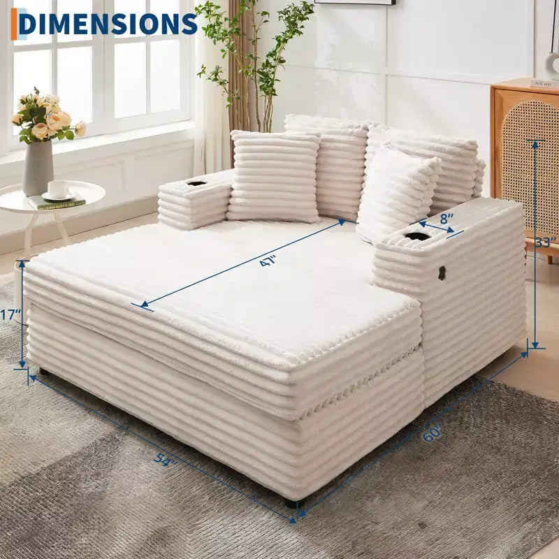 Chaise longue oversize per interni, divano lounge in velluto a coste, portabicchieri e cuscini decorativi, per casa, camera da letto, ufficio