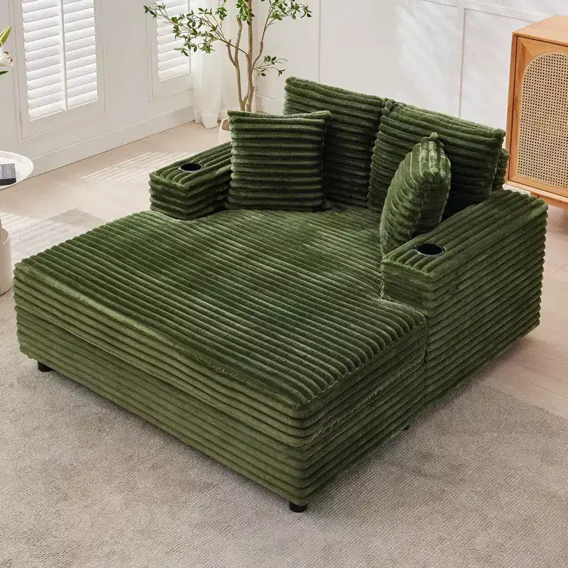 Chaise longue oversize per interni, divano lounge in velluto a coste, portabicchieri e cuscini decorativi, per casa, camera da letto, ufficio