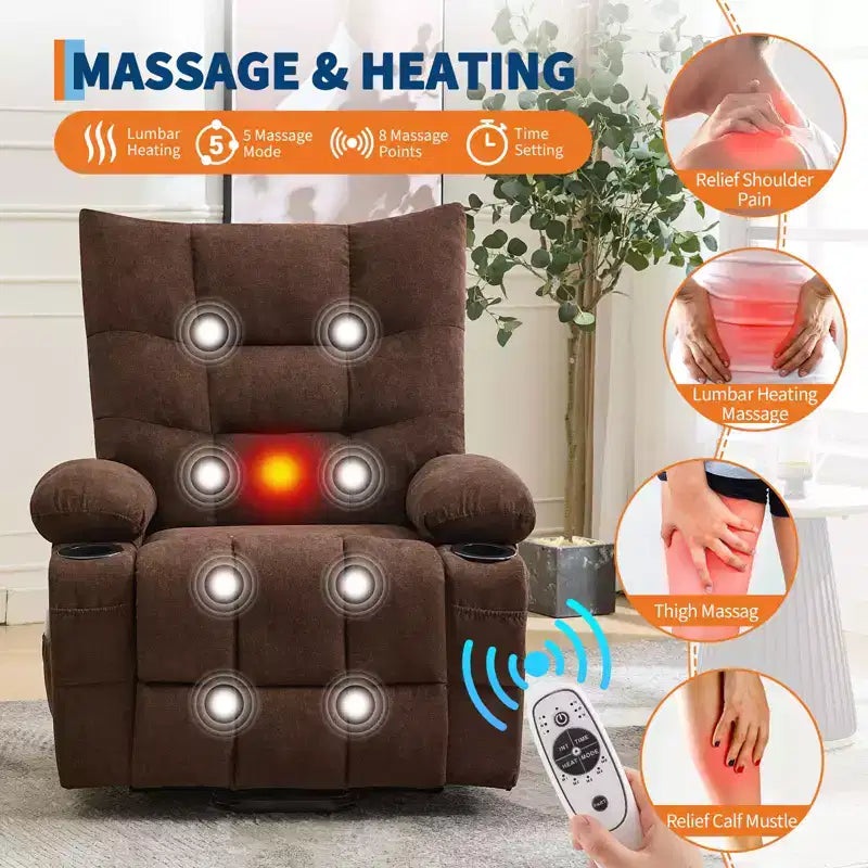 Poltrona reclinabile Power Lift, poltrona reclinabile elettrica massaggiante e riscaldante con funzione alzata assistita a 45°, con morbida imbottitura, tasca laterale e portabicchieri
