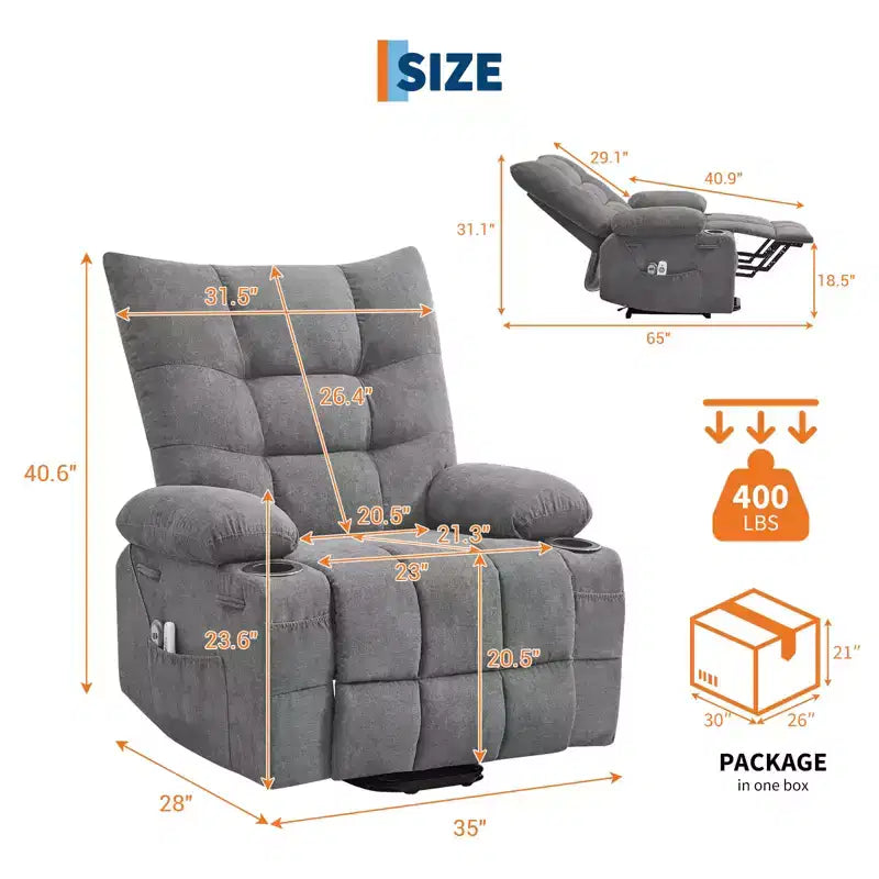 Poltrona reclinabile Power Lift, poltrona reclinabile elettrica massaggiante e riscaldante con funzione alzata assistita a 45°, con morbida imbottitura, tasca laterale e portabicchieri