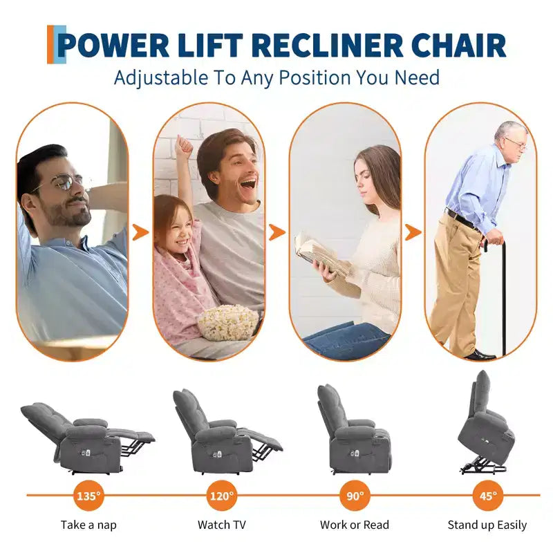 Poltrona reclinabile Power Lift, poltrona reclinabile elettrica massaggiante e riscaldante con funzione alzata assistita a 45°, con morbida imbottitura, tasca laterale e portabicchieri