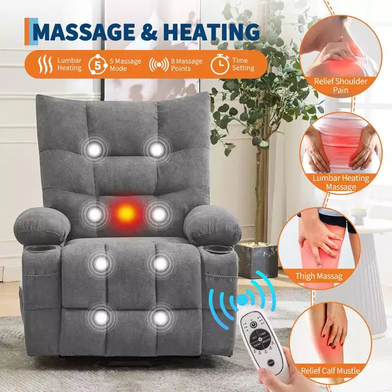 Poltrona reclinabile Power Lift, poltrona reclinabile elettrica massaggiante e riscaldante con funzione alzata assistita a 45°, con morbida imbottitura, tasca laterale e portabicchieri