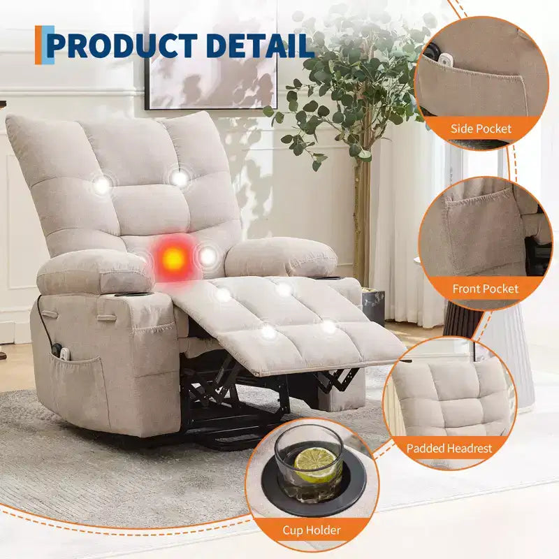 Poltrona reclinabile Power Lift, poltrona reclinabile elettrica massaggiante e riscaldante con funzione alzata assistita a 45°, con morbida imbottitura, tasca laterale e portabicchieri