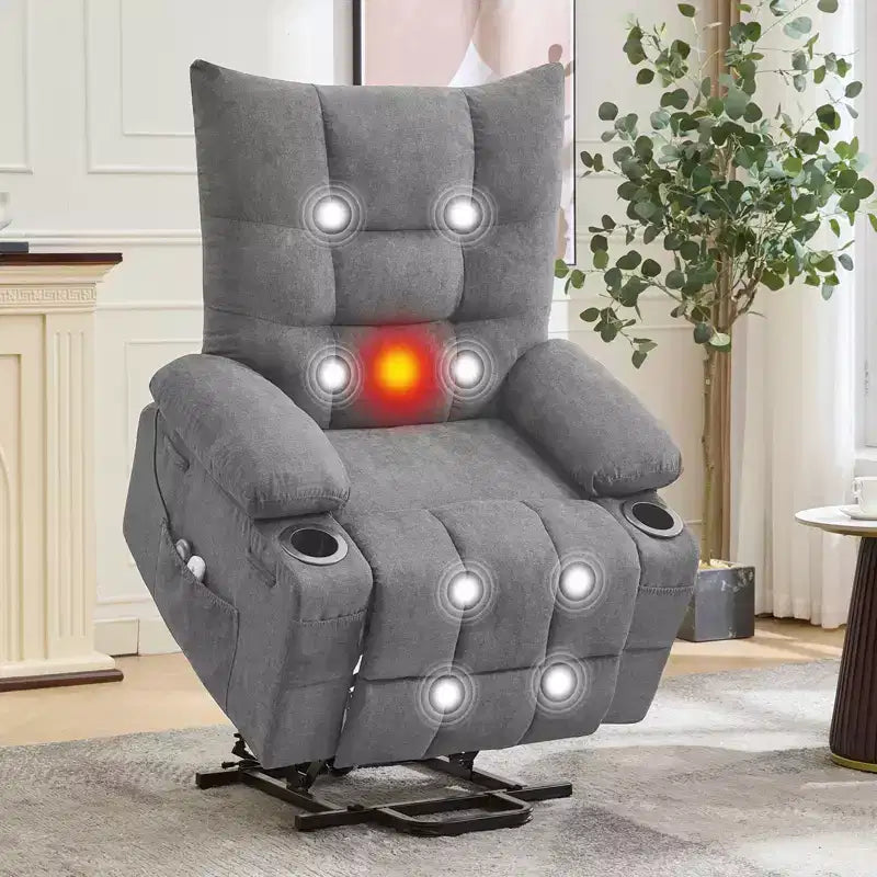 Poltrona reclinabile Power Lift, poltrona reclinabile elettrica massaggiante e riscaldante con funzione alzata assistita a 45°, con morbida imbottitura, tasca laterale e portabicchieri