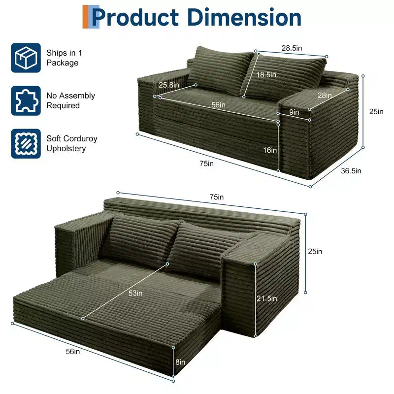 Divano letto convertibile 75, divano letto senza struttura con 2 cuscini, divano estraibile pieghevole, divano letto a due posti, futon per soggiorno, nessun montaggio