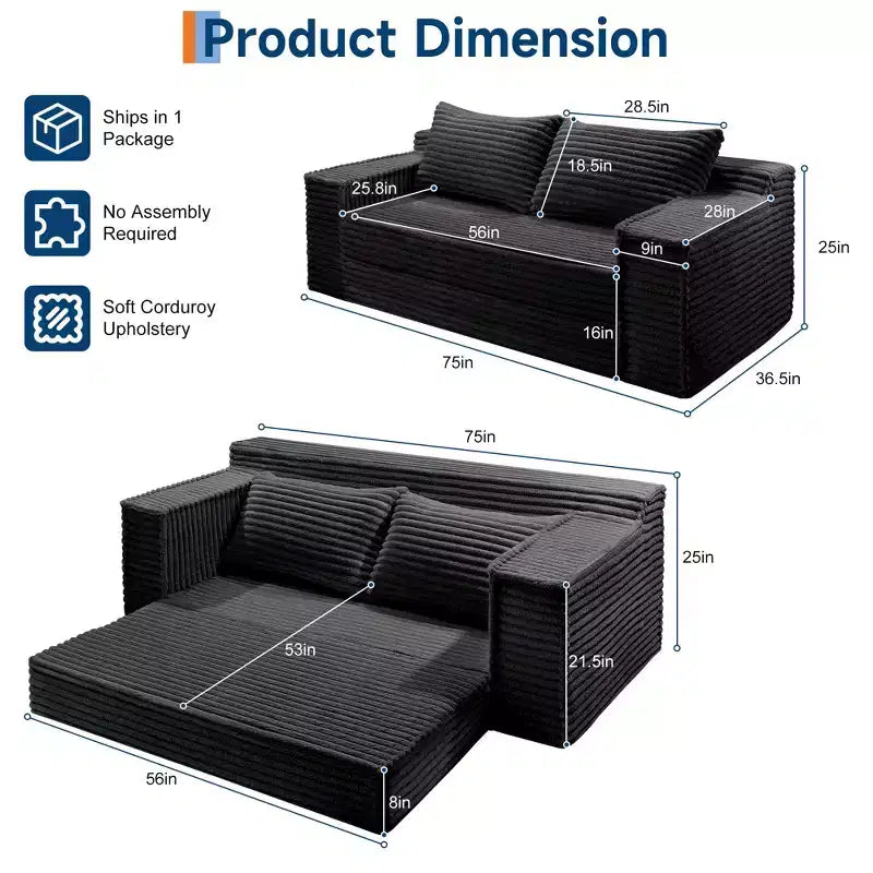 Divano letto convertibile 75, divano letto senza struttura con 2 cuscini, divano estraibile pieghevole, divano letto a due posti, futon per soggiorno, nessun montaggio