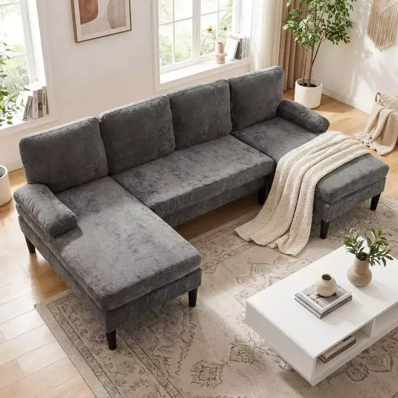 Divano componibile Costway, divano a U con doppia chaise longue, braccioli imbottiti con cuscino per la casa, beige/verde/grigio