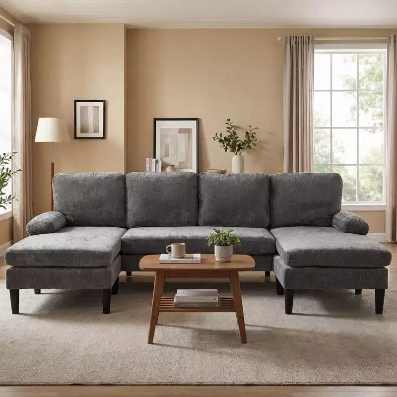 Divano componibile Costway, divano a U con doppia chaise longue, braccioli imbottiti con cuscino per la casa, beige/verde/grigio