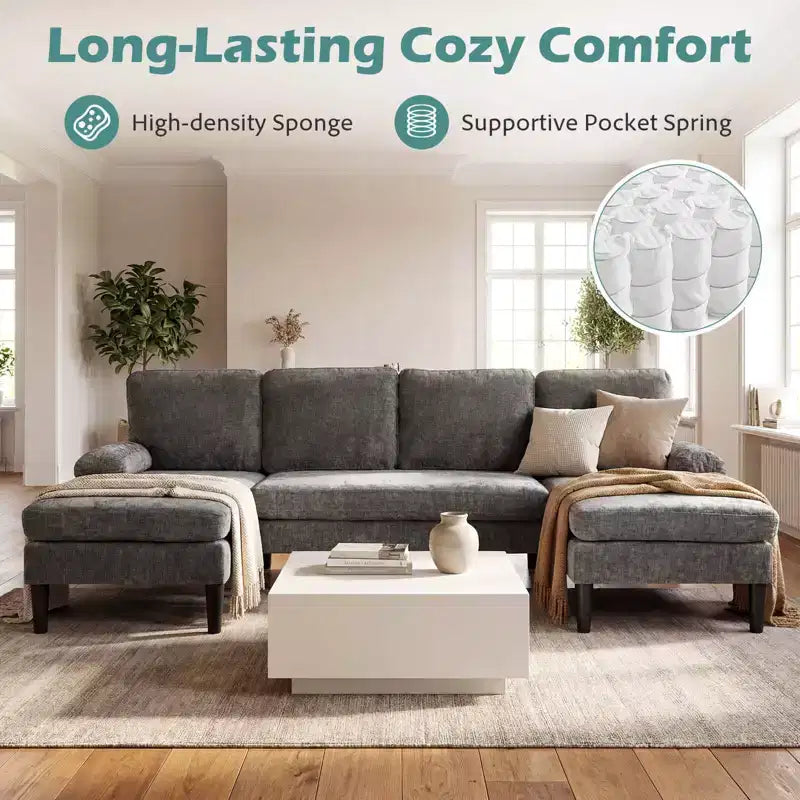Divano componibile Costway, divano a U con doppia chaise longue, braccioli imbottiti con cuscino per la casa, beige/verde/grigio