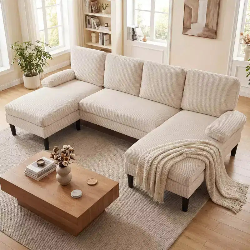 Divano componibile Costway, divano a U con doppia chaise longue, braccioli imbottiti con cuscino per la casa, beige/verde/grigio