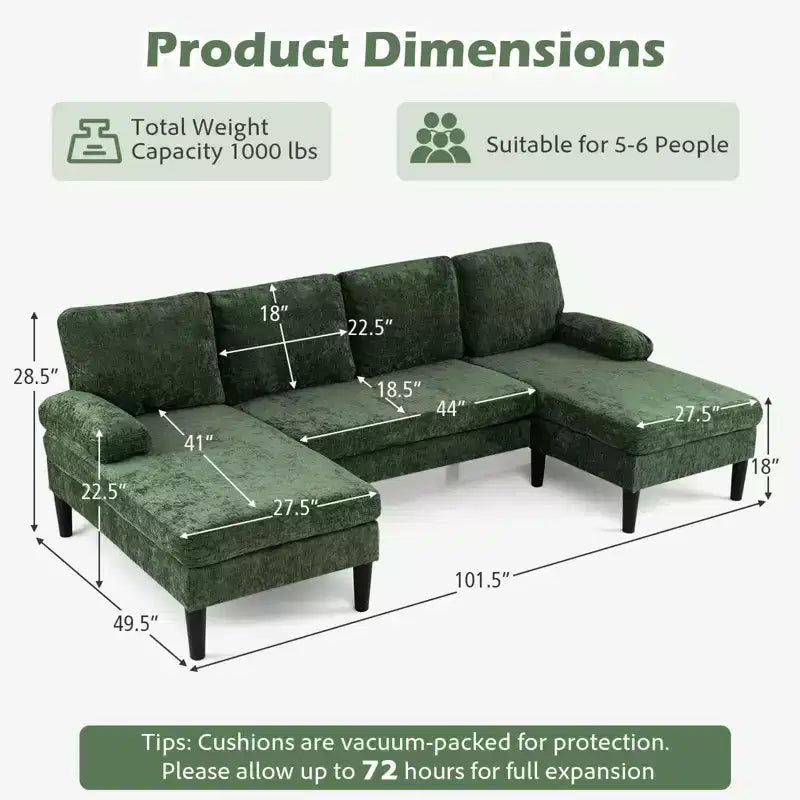 Divano componibile Costway, divano a U con doppia chaise longue, braccioli imbottiti con cuscino per la casa, beige/verde/grigio