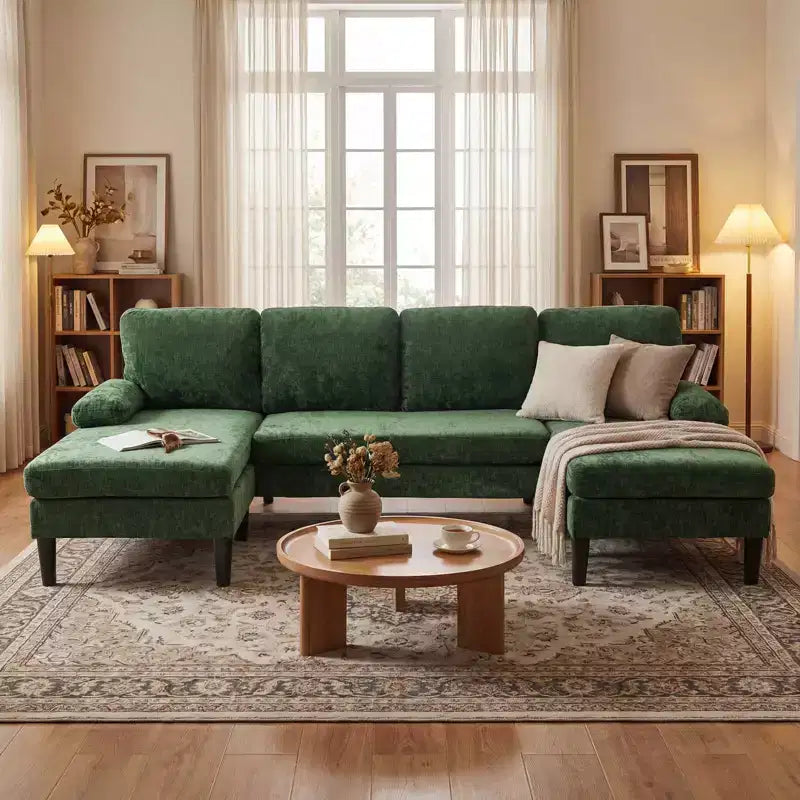 Divano componibile Costway, divano a U con doppia chaise longue, braccioli imbottiti con cuscino per la casa, beige/verde/grigio