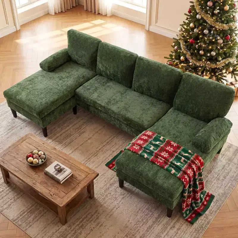 Divano componibile Costway, divano a U con doppia chaise longue, braccioli imbottiti con cuscino per la casa, beige/verde/grigio