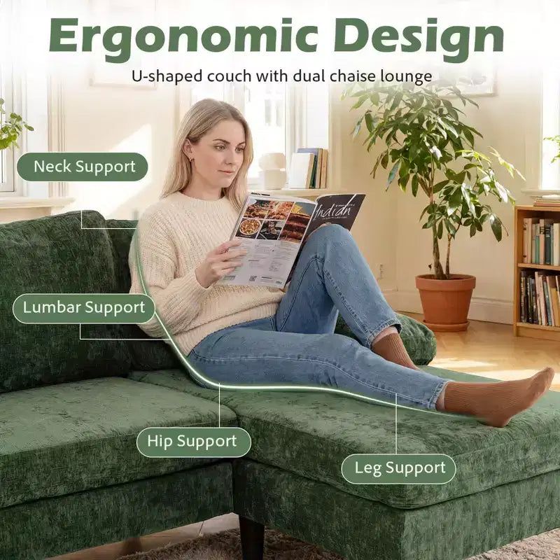 Divano componibile Costway, divano a U con doppia chaise longue, braccioli imbottiti con cuscino per la casa, beige/verde/grigio
