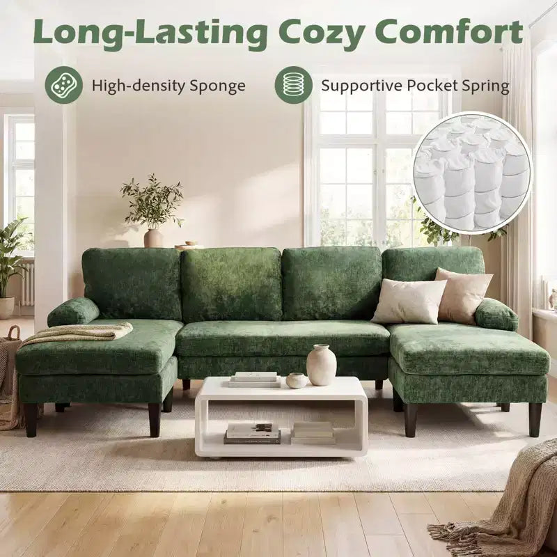 Divano componibile Costway, divano a U con doppia chaise longue, braccioli imbottiti con cuscino per la casa, beige/verde/grigio