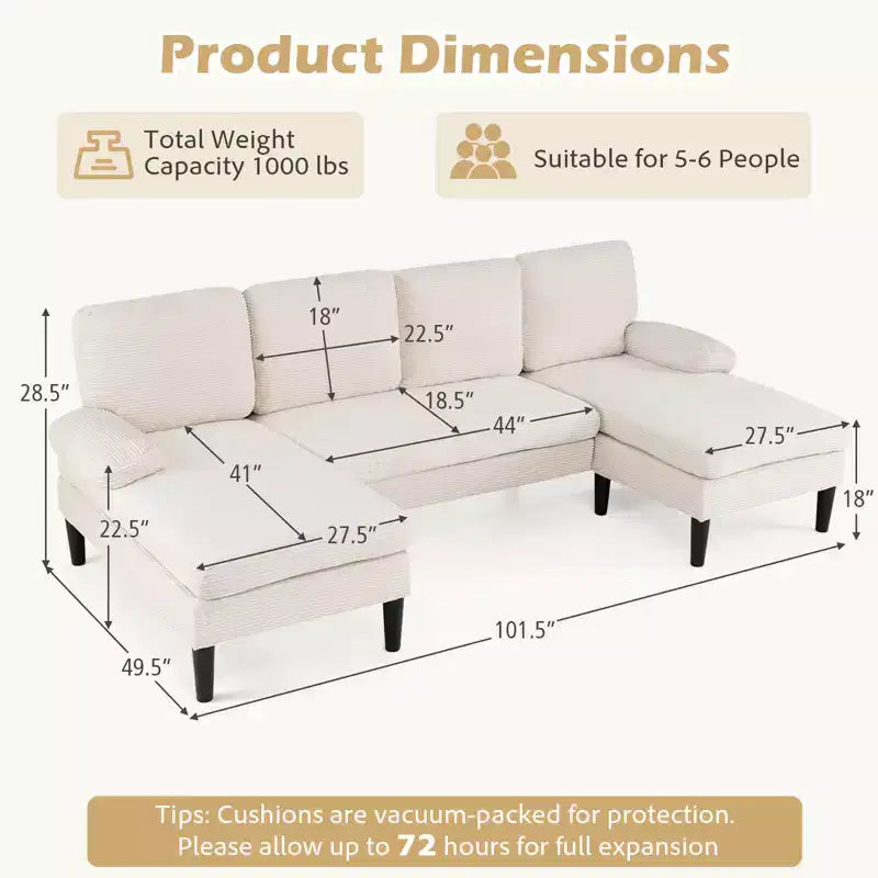 Divano componibile Costway, divano a U con doppia chaise longue, braccioli imbottiti con cuscino per la casa, beige/verde/grigio