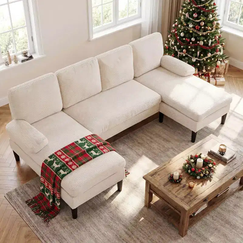 Divano componibile Costway, divano a U con doppia chaise longue, braccioli imbottiti con cuscino per la casa, beige/verde/grigio