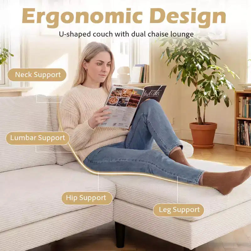 Divano componibile Costway, divano a U con doppia chaise longue, braccioli imbottiti con cuscino per la casa, beige/verde/grigio