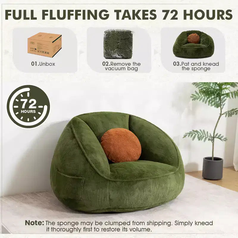 Poltrona sacco ergonomica Hommpa color verde avocado con pelliccia sintetica e memory foam - Regalo perfetto per adulti