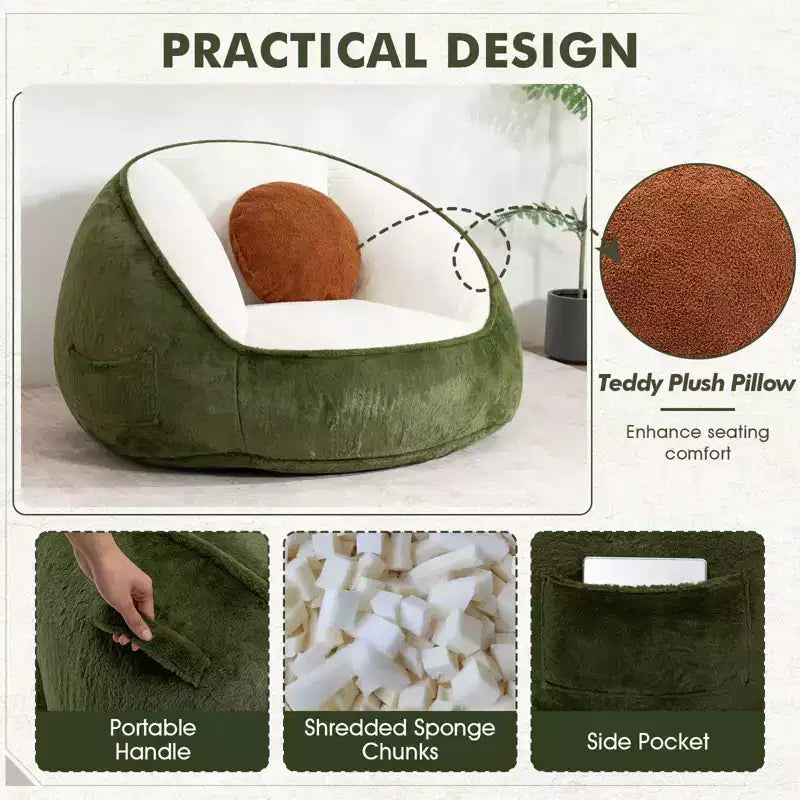 Poltrona sacco ergonomica Hommpa color verde avocado con pelliccia sintetica e memory foam - Regalo perfetto per adulti