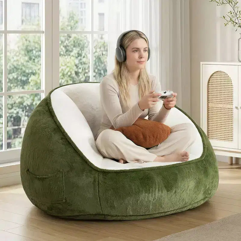Poltrona sacco ergonomica Hommpa color verde avocado con pelliccia sintetica e memory foam - Regalo perfetto per adulti