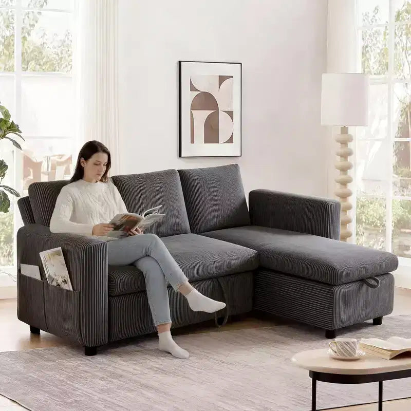 Divano Letto Estraibile 2 in 1 Dyonery con Chaise Longue Contenitore e USB, Divano Angolare in Velluto a Coste per Soggiorno