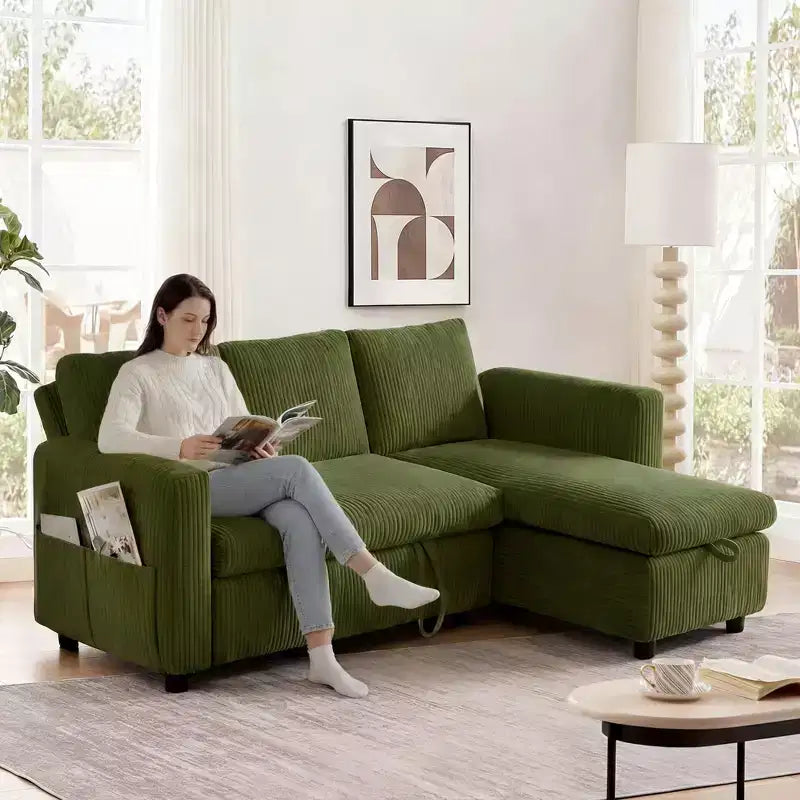 Divano Letto Estraibile 2 in 1 Dyonery con Chaise Longue Contenitore e USB, Divano Angolare in Velluto a Coste per Soggiorno