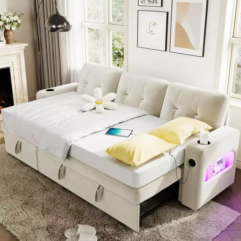Divano Letto Componibile a Scomparsa a L in Velluto 84" con Contenitore, Stazione di Ricarica e Luci a LED per Soggiorno