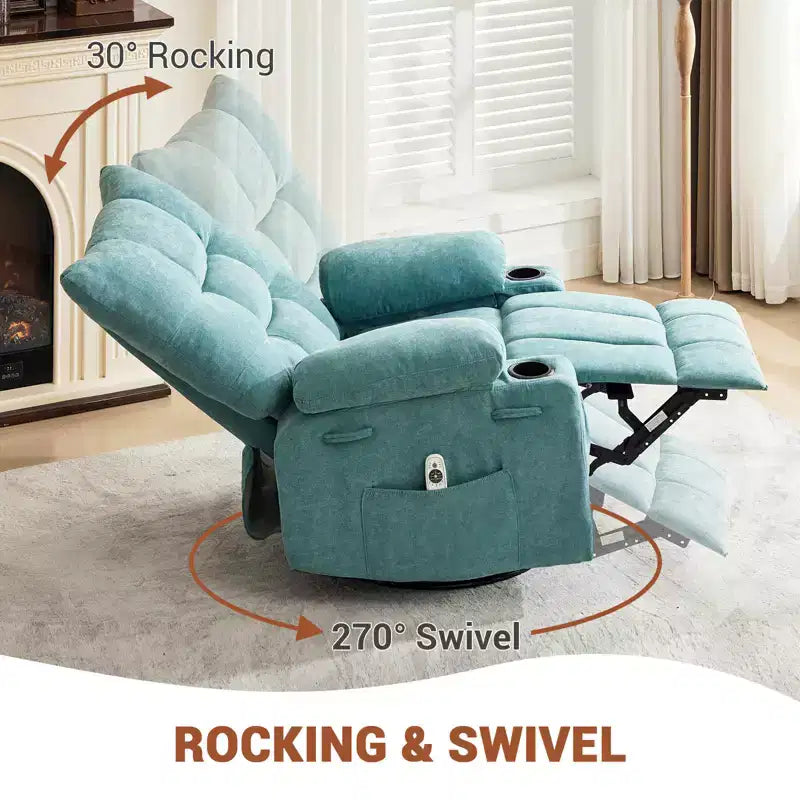 Poltrona reclinabile girevole con funzione calore e massaggio - Poltrona reclinabile 360 Rocking Lazy Boy con portabicchieri e tasca laterale - Divano singolo ergonomico, blu