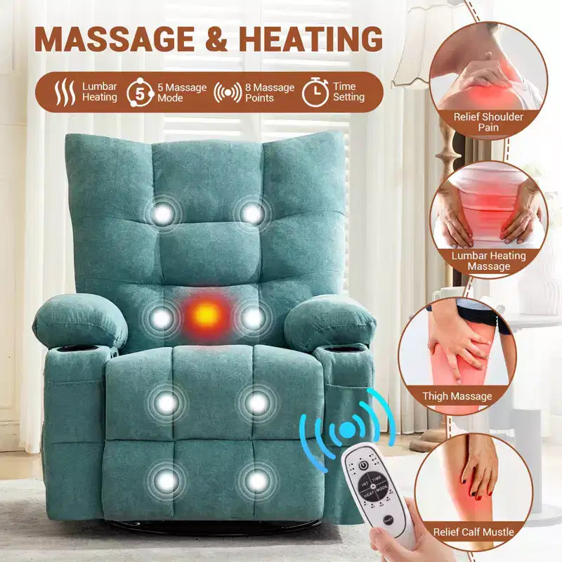 Poltrona reclinabile girevole con funzione calore e massaggio - Poltrona reclinabile 360 Rocking Lazy Boy con portabicchieri e tasca laterale - Divano singolo ergonomico, blu
