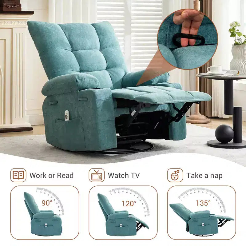 Poltrona reclinabile girevole con funzione calore e massaggio - Poltrona reclinabile 360 Rocking Lazy Boy con portabicchieri e tasca laterale - Divano singolo ergonomico, blu
