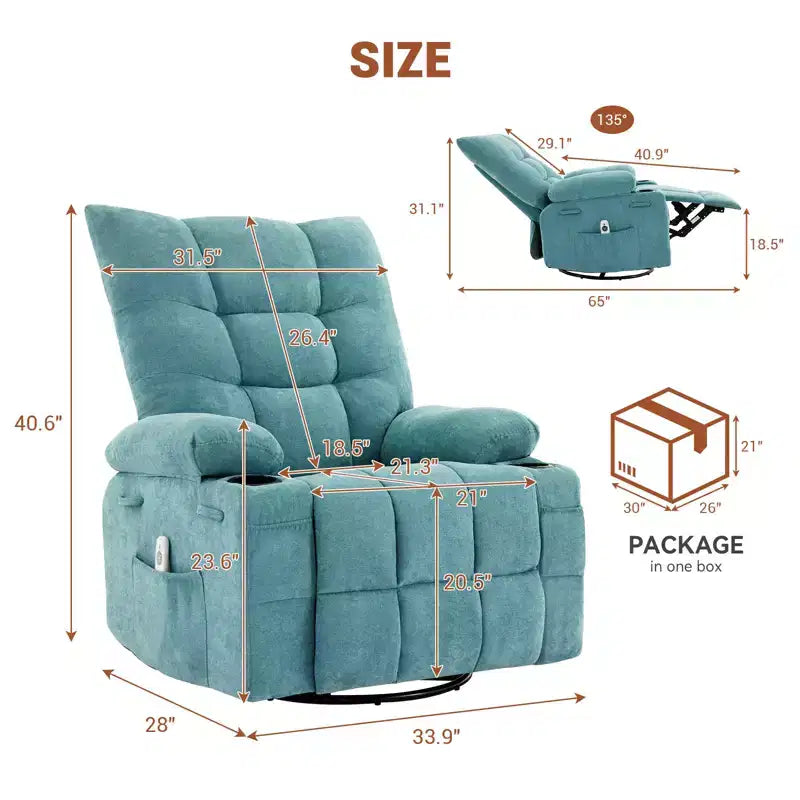 Poltrona reclinabile girevole con funzione calore e massaggio - Poltrona reclinabile 360 Rocking Lazy Boy con portabicchieri e tasca laterale - Divano singolo ergonomico, blu