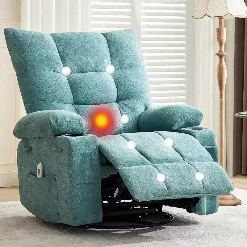 Poltrona reclinabile girevole con funzione calore e massaggio - Poltrona reclinabile 360 Rocking Lazy Boy con portabicchieri e tasca laterale - Divano singolo ergonomico, blu