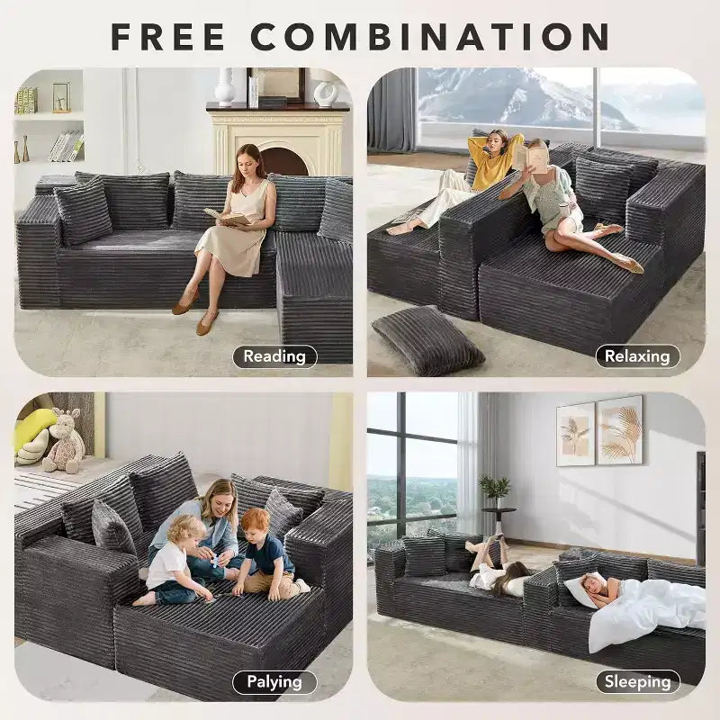 Divano componibile reversibile DobleePy 106, divano a nuvola a L con chaise longue oversize, divano a 3 posti in memory foam, montaggio senza attrezzi, orientamento a destra