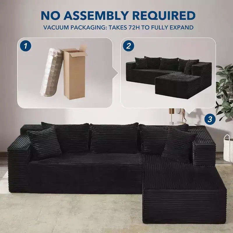 Divano componibile reversibile DobleePy 106, divano a nuvola a L con chaise longue oversize, divano a 3 posti in memory foam, montaggio senza attrezzi, orientamento a destra