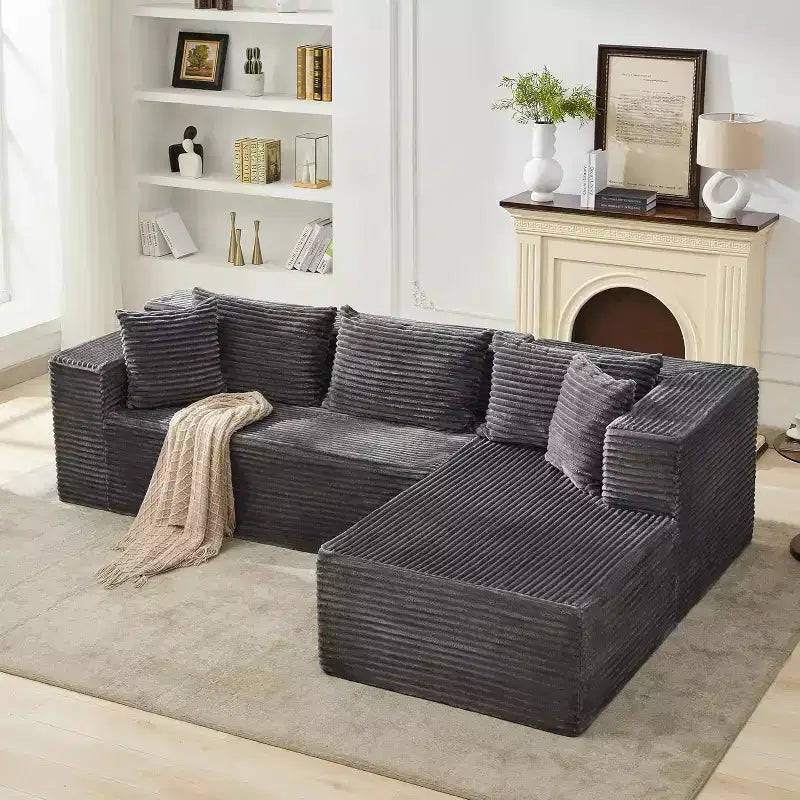 Divano componibile reversibile DobleePy 106, divano a nuvola a L con chaise longue oversize, divano a 3 posti in memory foam, montaggio senza attrezzi, orientamento a destra