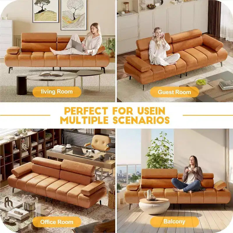 Divano Letto Futon in Ecopelle a 3 Posti, Divano Trasformabile con Schienale Braccioli e Poggiatesta Regolabili, con Due Sezioni Divise Separate