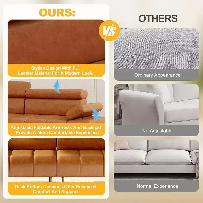 Divano Letto Futon in Ecopelle a 3 Posti, Divano Trasformabile con Schienale Braccioli e Poggiatesta Regolabili, con Due Sezioni Divise Separate