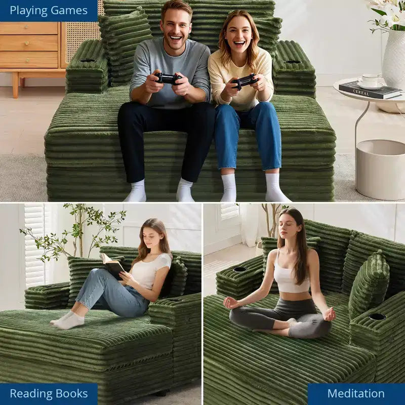 GustoWave 54 Poltrona Chaise Longue in Velluto a Coste, Divano Letto Oversize con Portabicchieri e Cuscini, Mobili per Soggiorno Verdi