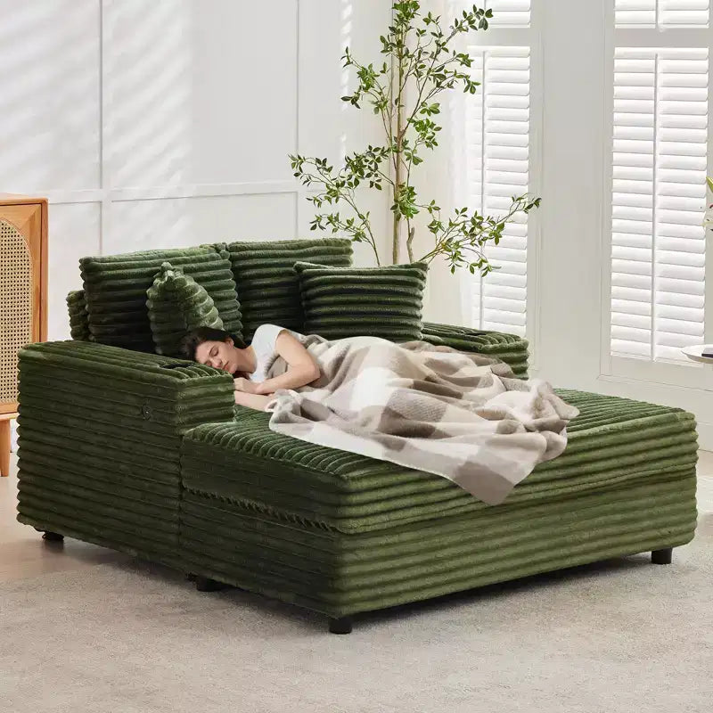 GustoWave 54 Poltrona Chaise Longue in Velluto a Coste, Divano Letto Oversize con Portabicchieri e Cuscini, Mobili per Soggiorno Verdi