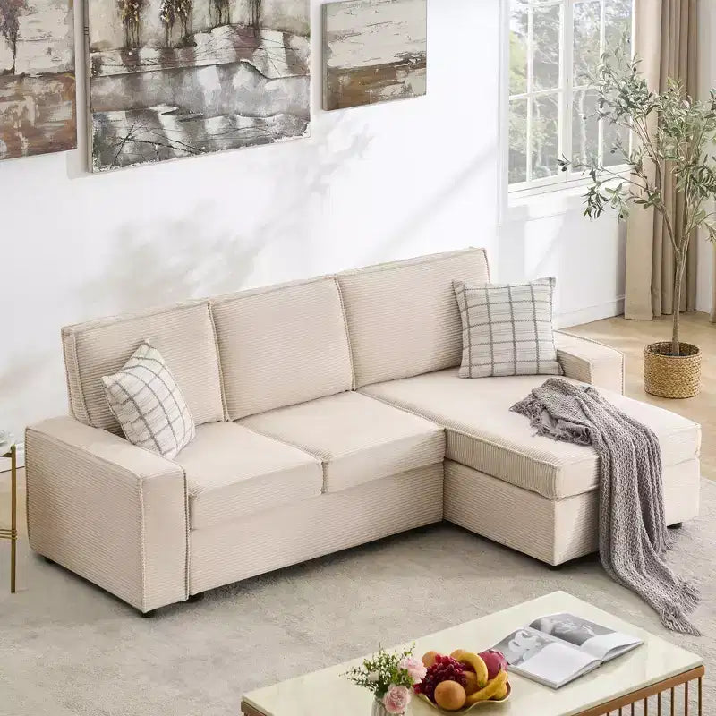 Divano componibile a L, divano in velluto a coste con seduta profonda e chaise longue, convertibile per soggiorno e ufficio