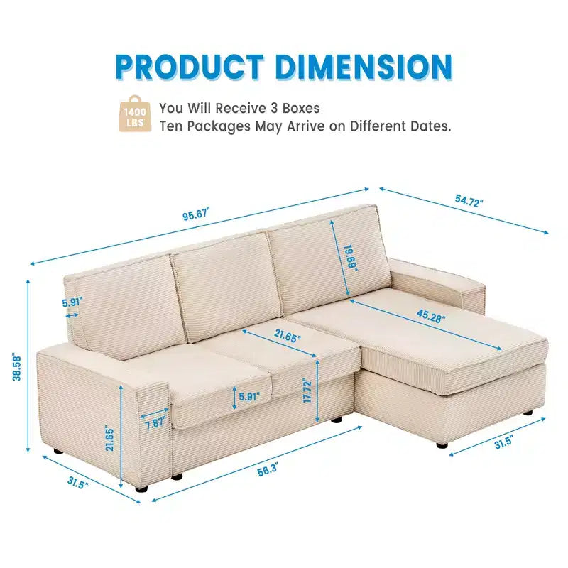 Divano componibile a L, divano in velluto a coste con seduta profonda e chaise longue, convertibile per soggiorno e ufficio