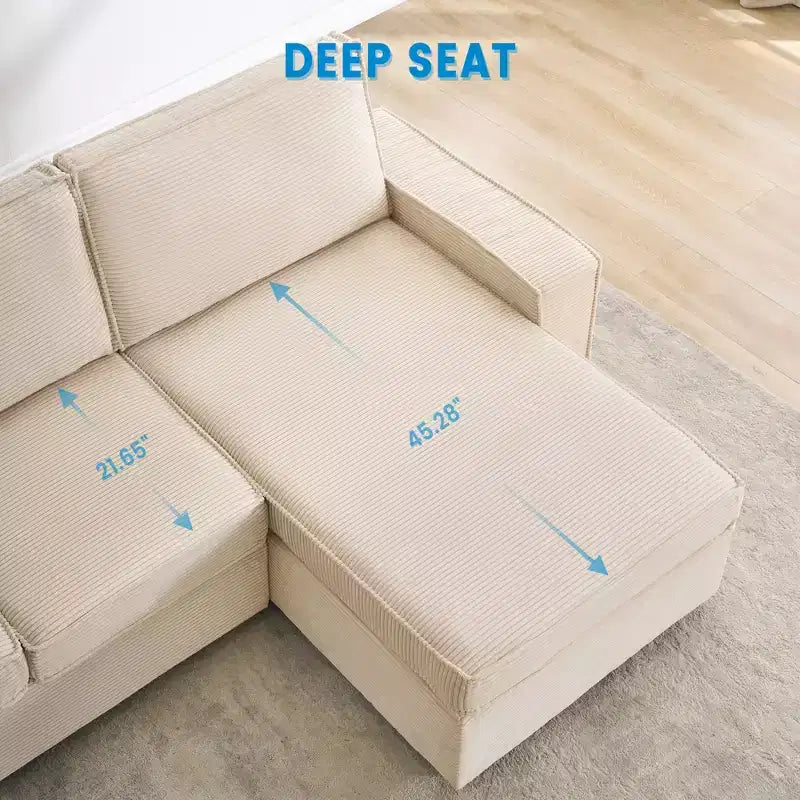 Divano componibile a L, divano in velluto a coste con seduta profonda e chaise longue, convertibile per soggiorno e ufficio